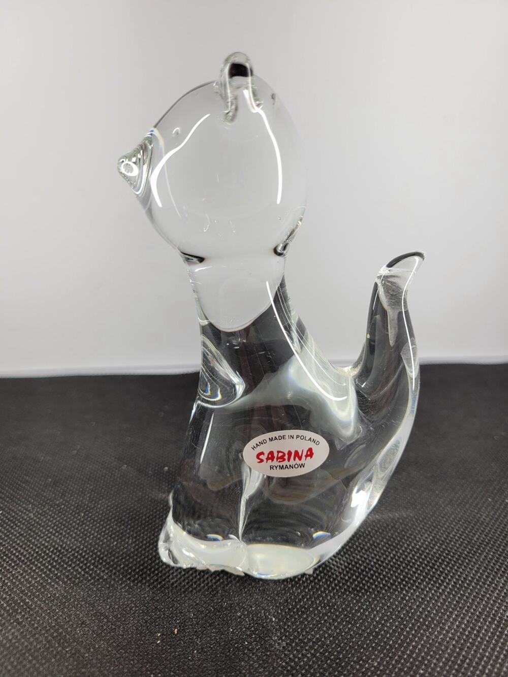 Vintage Sabina Rymanow Poland Art Glass Cat Figurine Hand Blown Crystal Clear